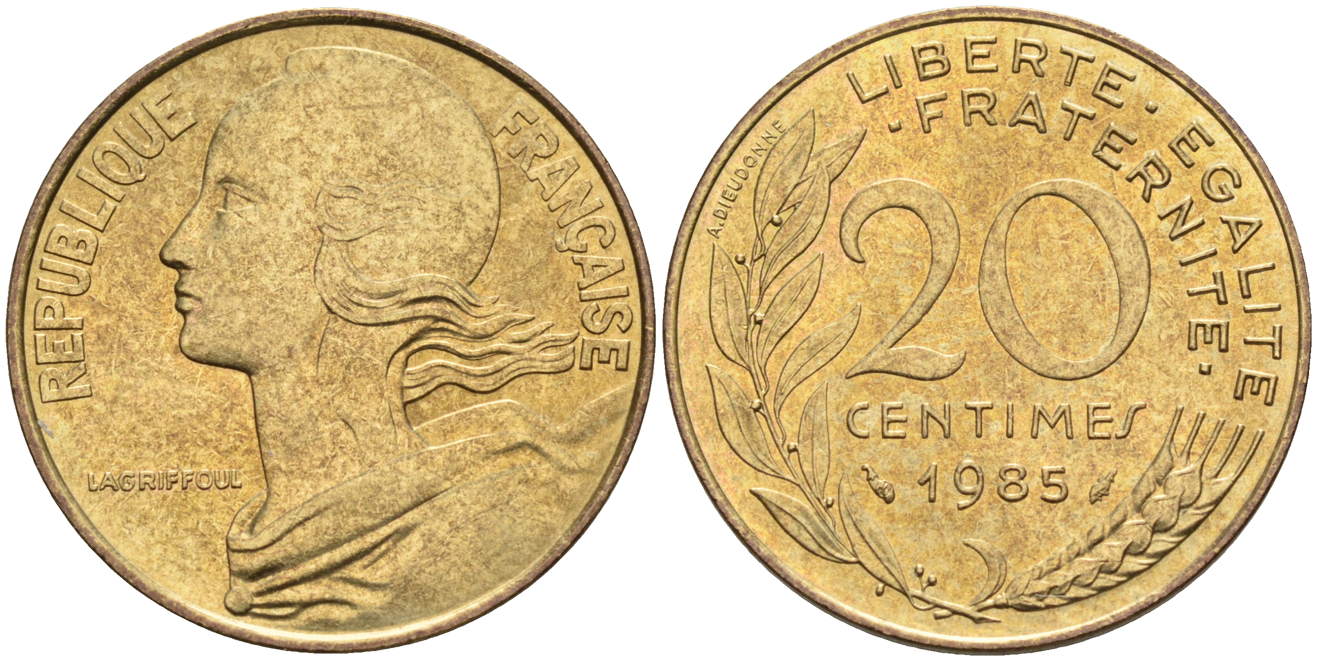 Франция 20 сантимов 1985 тип Марианна KM 930 медь алюминий никель 4116-541