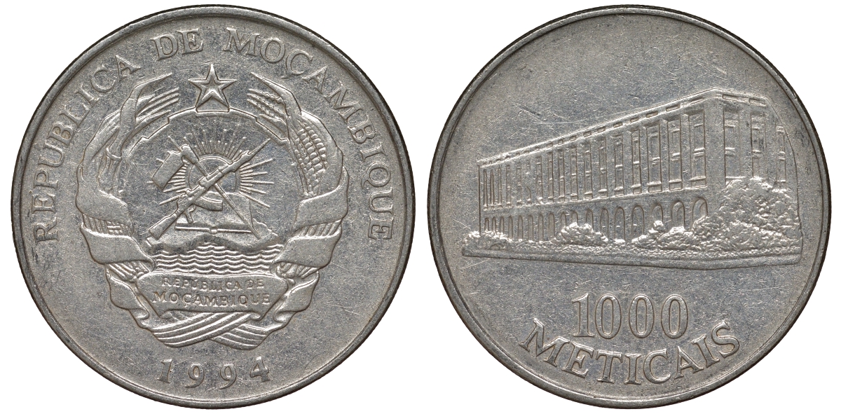 Мозамбик 1000 метикалей 1994 KM 122 никелированная сталь 4162-716