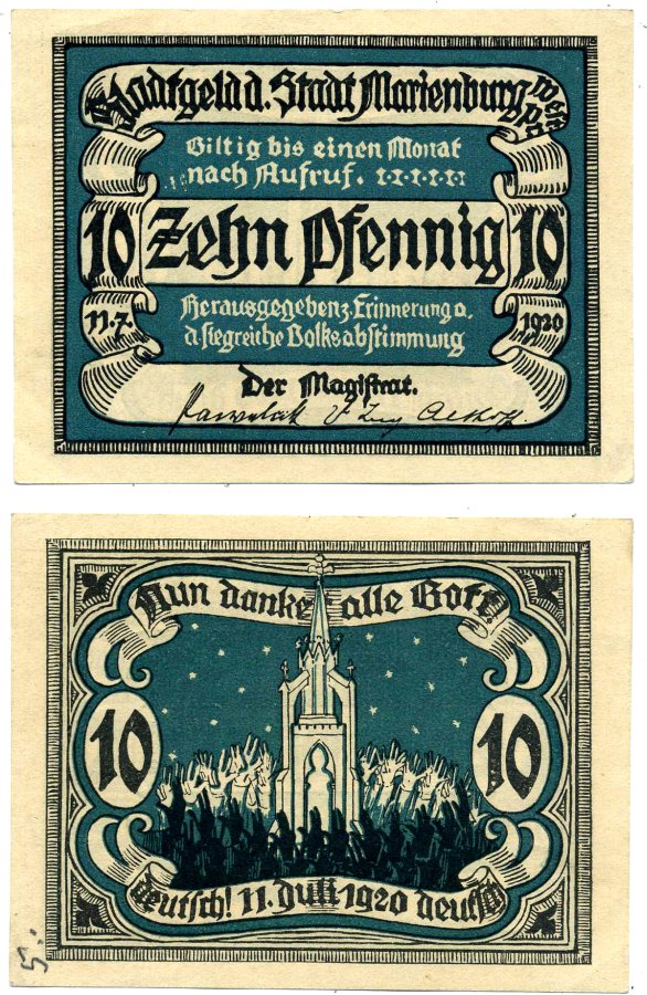 Мариенбург 10 пфеннигов 1920 11 Июля 1920, нотгельд, земля Померания Grabowski 870.1 бумага 2196-7-2-1