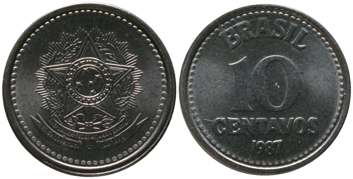 Бразилия 10 сентаво 1987 KM 602, Schon 111 нержавеющая сталь UNC 4567-957