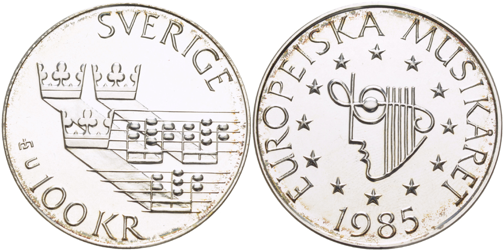 Швеция 100 крон 1985 Карл XVI Густав (1973- ), европейский год музыки KM 865 серебро BUNC 1080-7-42