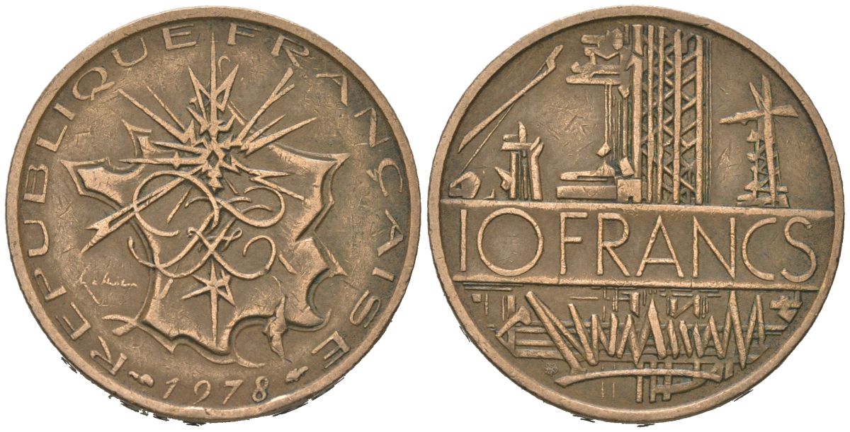 Франция 10 франков 1978 KM 940, Le Franc 365 медь алюминий никель 4582-313