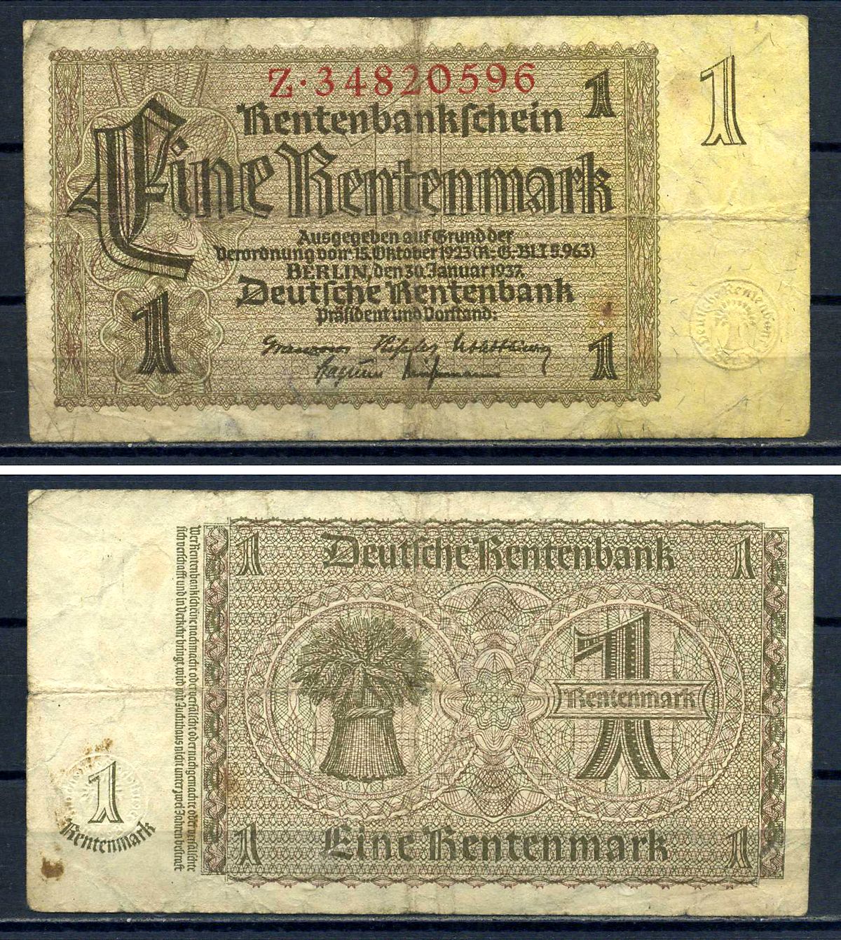 Германия 1 рентенмарка 1937 Pick 173 b бумага 8621-45-2-1