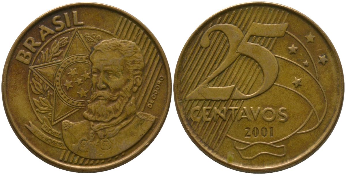 Бразилия 25 сентаво 2001 KM 650, Schon 158 сталь плакированная бронзой 4525-313
