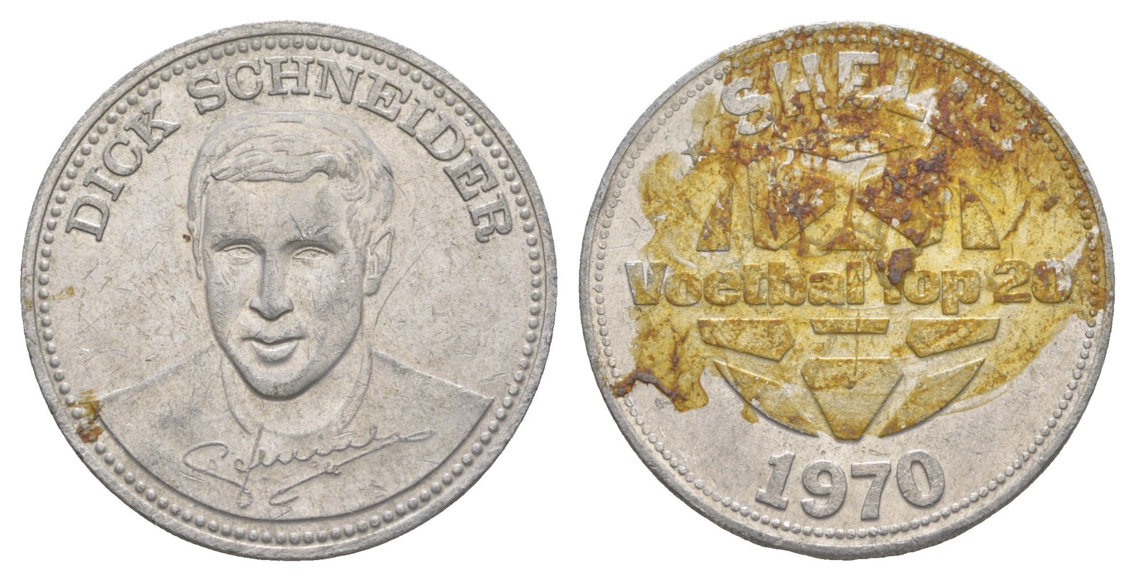 Нидерланды жетон Shell - Чемпионат мира по футболу 1970 года - сборная Голландии - Дик Шнейдер 1970 диаметр 30 мм, вес 3,3 гр алюминий 4175-736