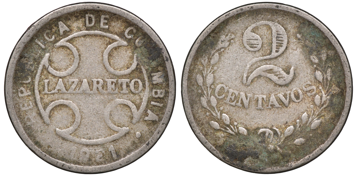 Колумбия 2 сентаво 1921 государственный лепрозорий KM L10 медно-никель 53-1025