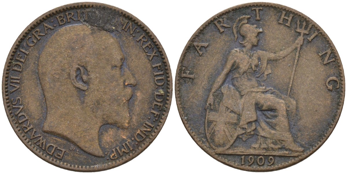 Великобритания 1 фартинг 1909 Эдуард VII (1901-1910), KM 792, Spink 3992 бронза 4596-942