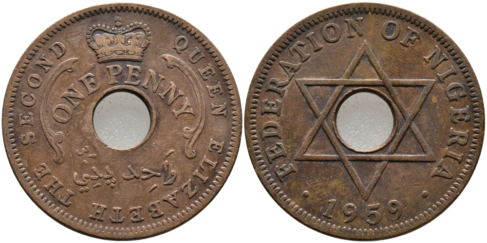 Нигерия 1 пенни 1959 Елизавета II (1952-), Британский протекторат KM 2 бронза 51-2917