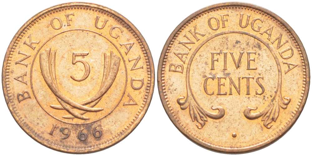 УГАНДА 5 ЦЕНТОВ 1966 KM 1 бронза 4513-731