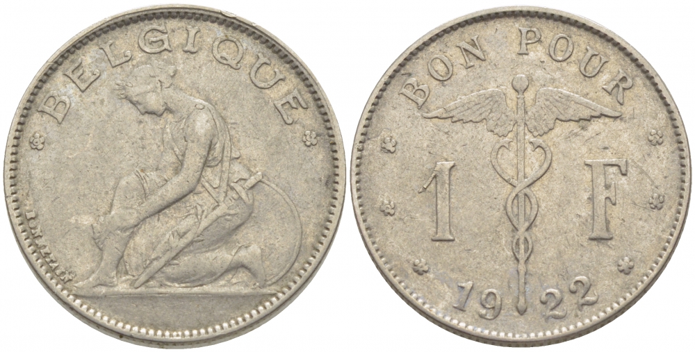 Бельгия 1 франк 1922 Belgique, Альберт I (1910-1934) KM 89 никель 259-934