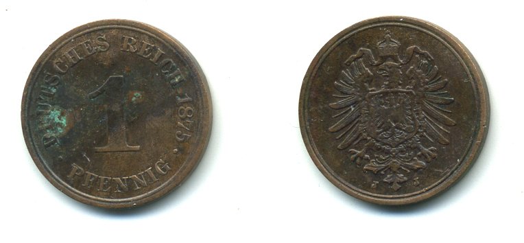 ГЕРМАНИЯ 1 ПФЕННИГ 1875 J, СТАРОГЕРБОВКА KM 1, J. 1 медь 54-118