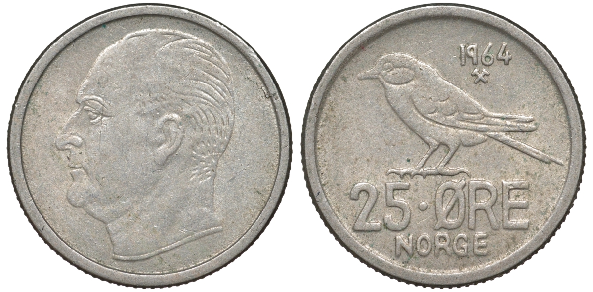 Норвегия 25 эре 1964 Улаф V (1958-1991), синица KM 407 медно-никель 4596-341