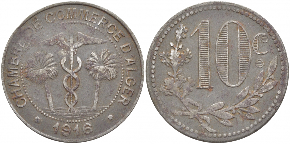 Алжир, Французская оккупация 10 сантимов 1916 Alger Chamber of Commerce KM TnA6 железо 114-924
