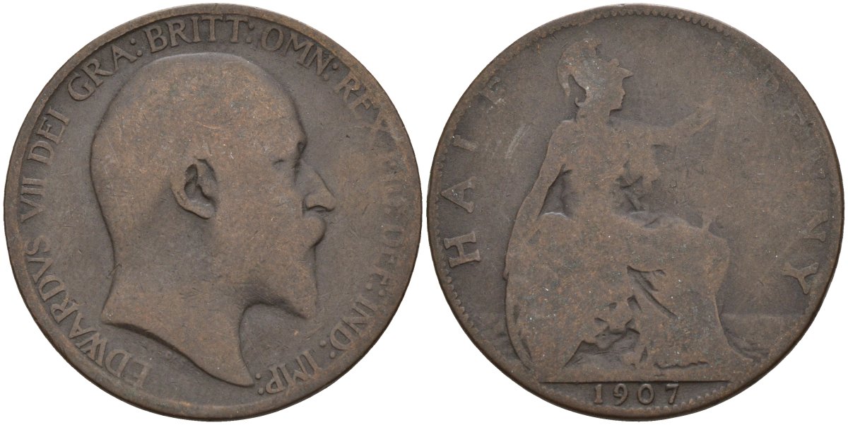 Великобритания 1/2 пенни 1907 Эдуард VII (1901-1910) KM 793.2, Spink 3991 бронза 4143-642