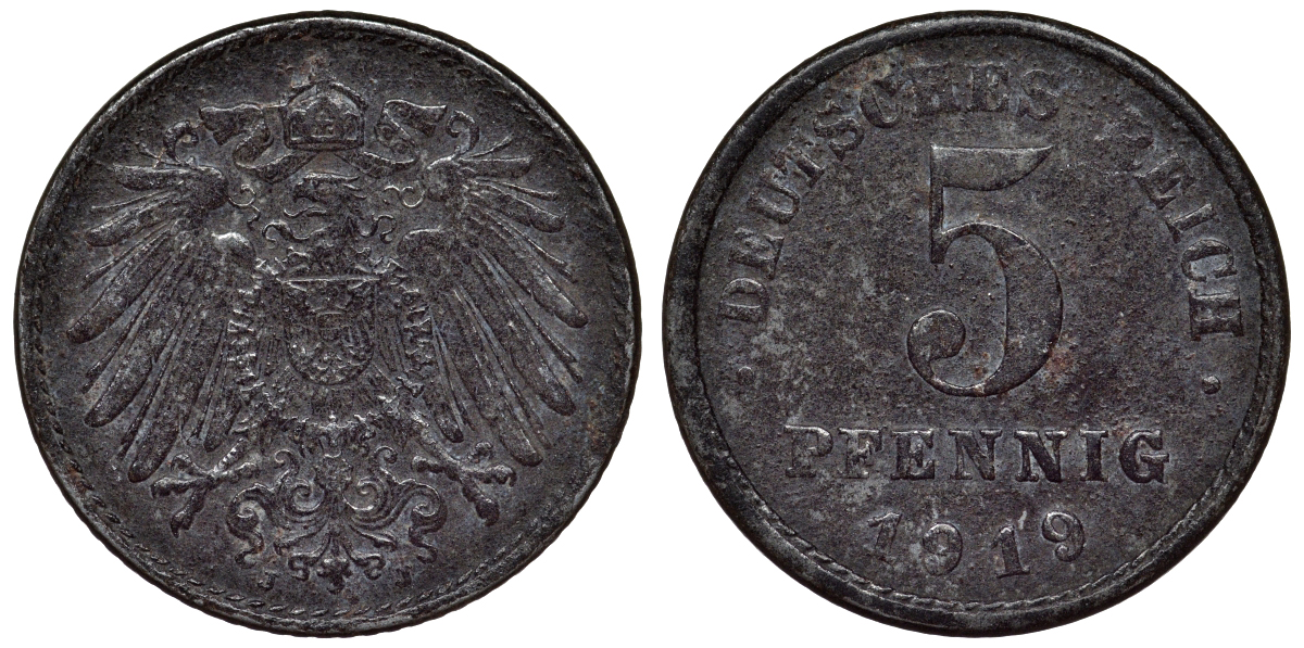 Германия 5 пфеннигов 1919 J KM 19, J. 297, Weege 5 железо 4118-1136