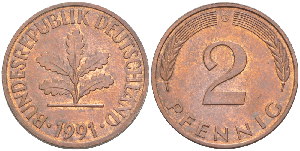 ФРГ 2 ПФЕННИГА 1991 G KM 106а, J. 381а сталь плакированная сталь плакированная медьюю 4181-857