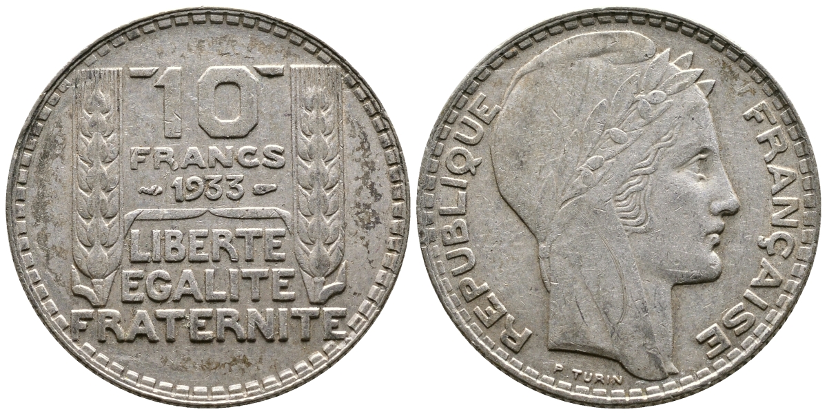 Франция 10 франков 1933 Пьер Тюрен KM 878, Le Franc 360.6 серебро 63-845