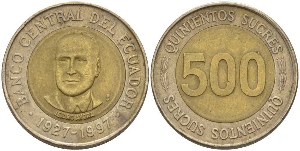 ЭКВАДОР 500 СУКРЕ 1997 ИЗИДРО АЙОВА, 70 ЛЕТ ЦЕНТРАЛЬНОМУ БАНКУ KM 102 биметалл 31-435