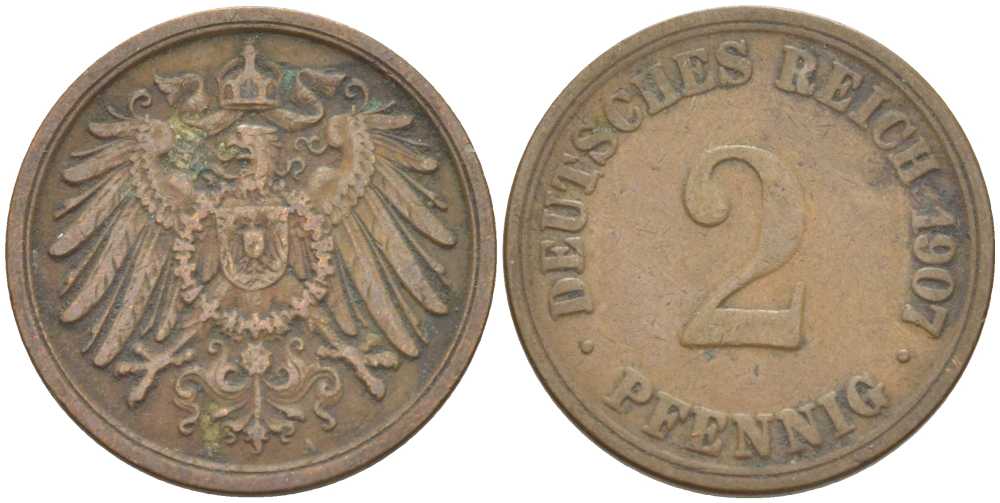 ГЕРМАНИЯ 2 ПФЕННИГА 1907 A KM 16, J. 11, Weege 4 медь 212-325