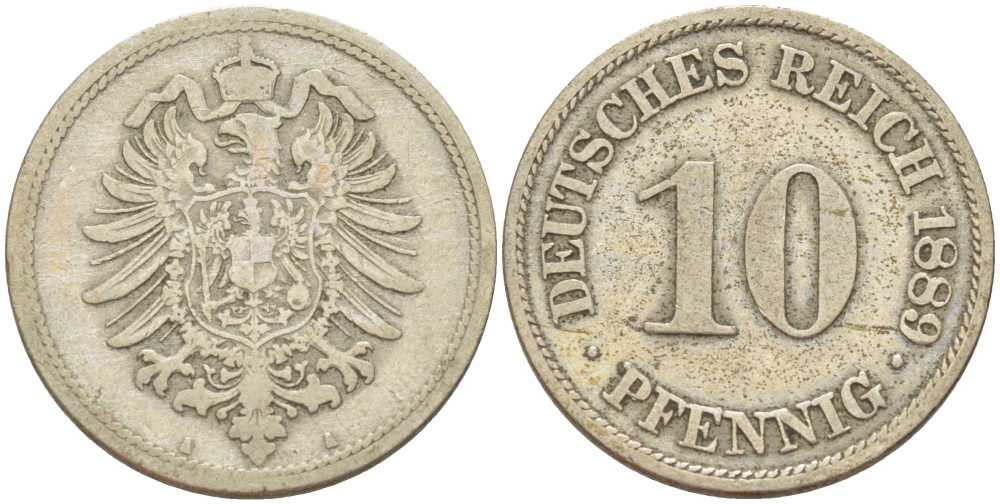 ГЕРМАНИЯ 10 ПФЕННИГОВ 1889 A, СТАРОГЕРБОВКА KM 4, J. 4, Weege 7 медно-никель 261-1234