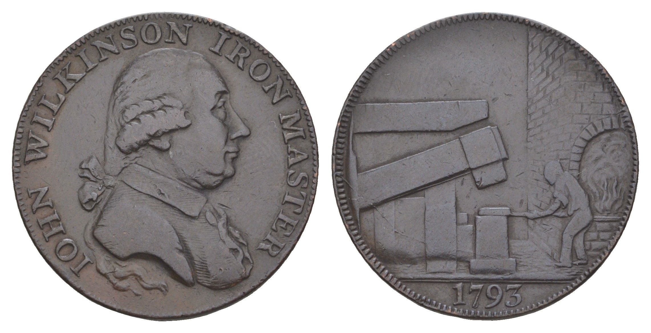 Великобритания, Уорвикшир 1/2 пенни 1793 Джон Уилкинсон, гурт - WILLEY SNEDSHILL BERSHAM BRADLEY, кузнец, токен Dalton & Hamer 394a медь 3711-343