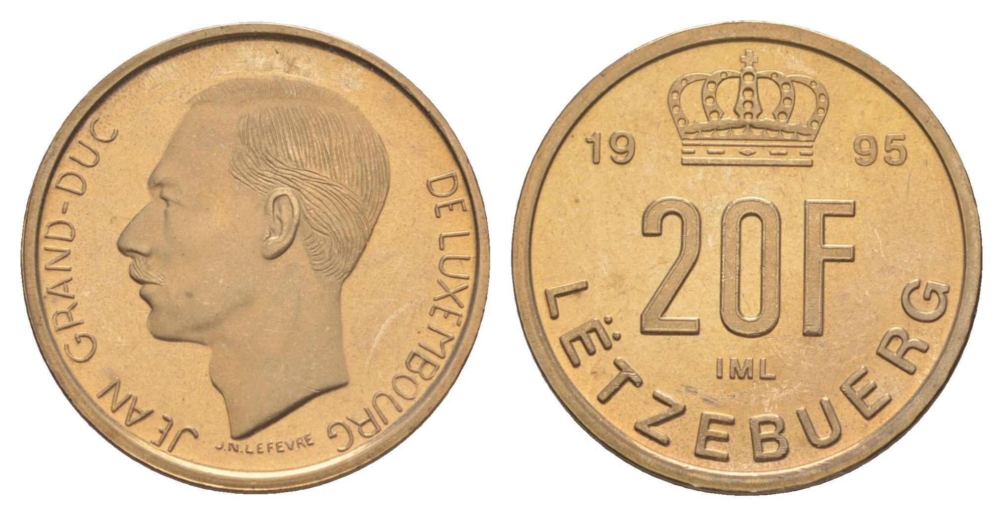 Люксембург 20 франков 1995 Великий герцог Жан (1964-2000), тираж 10.000 экземпляров KM 67 алюминиевая бронза BU 4178-745