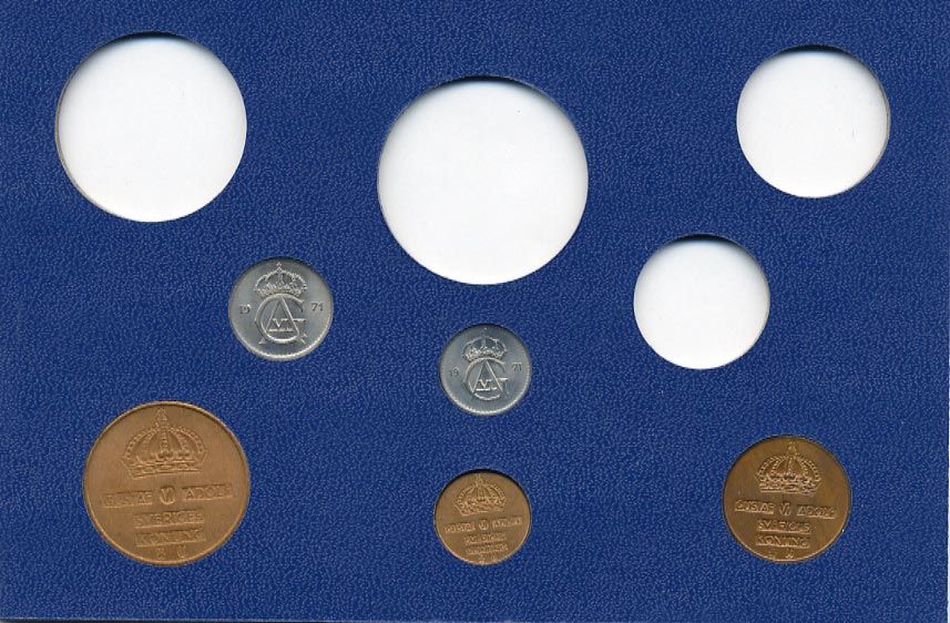 Швеция 1, 2, 5, 10, 25 эре 1971 Густав VI Адольф (1950-1973) в картоне набора монетного двора UNC 7-5-7-258