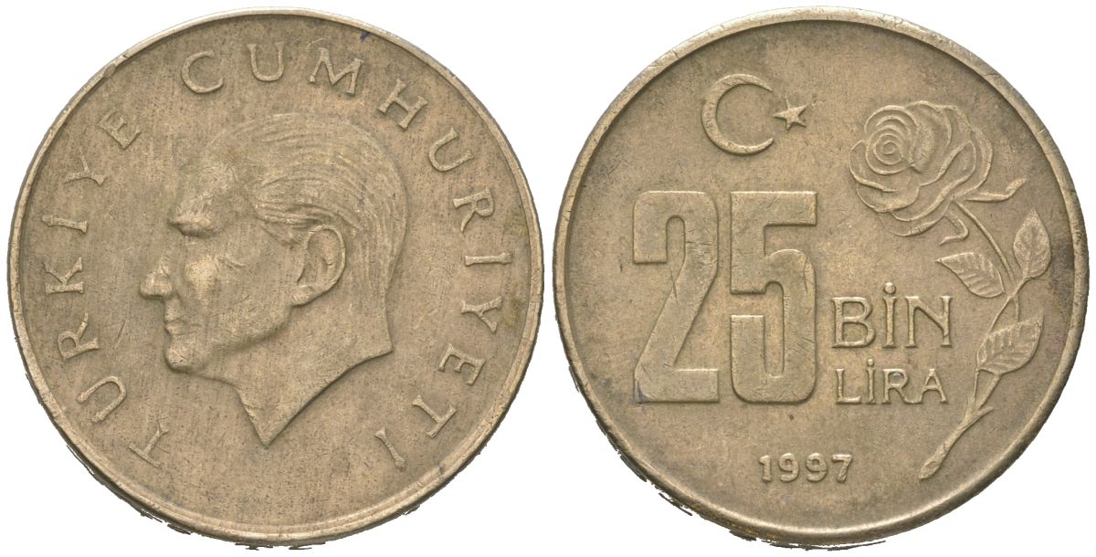 Турция 25000 лир 1997 KM 1041 медь цинк никель 4582-511
