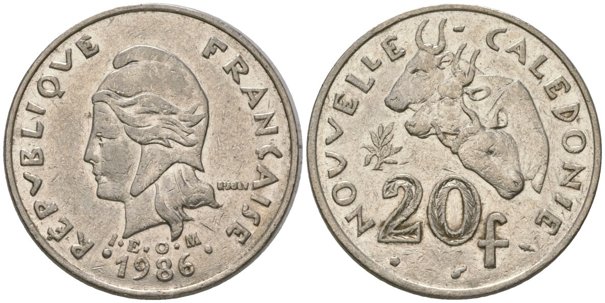 Французская Новая Каледония 20 франков 1986 три быка, (IEOM) KM 12, Schoen 14, Lec 112 никель 4123-712