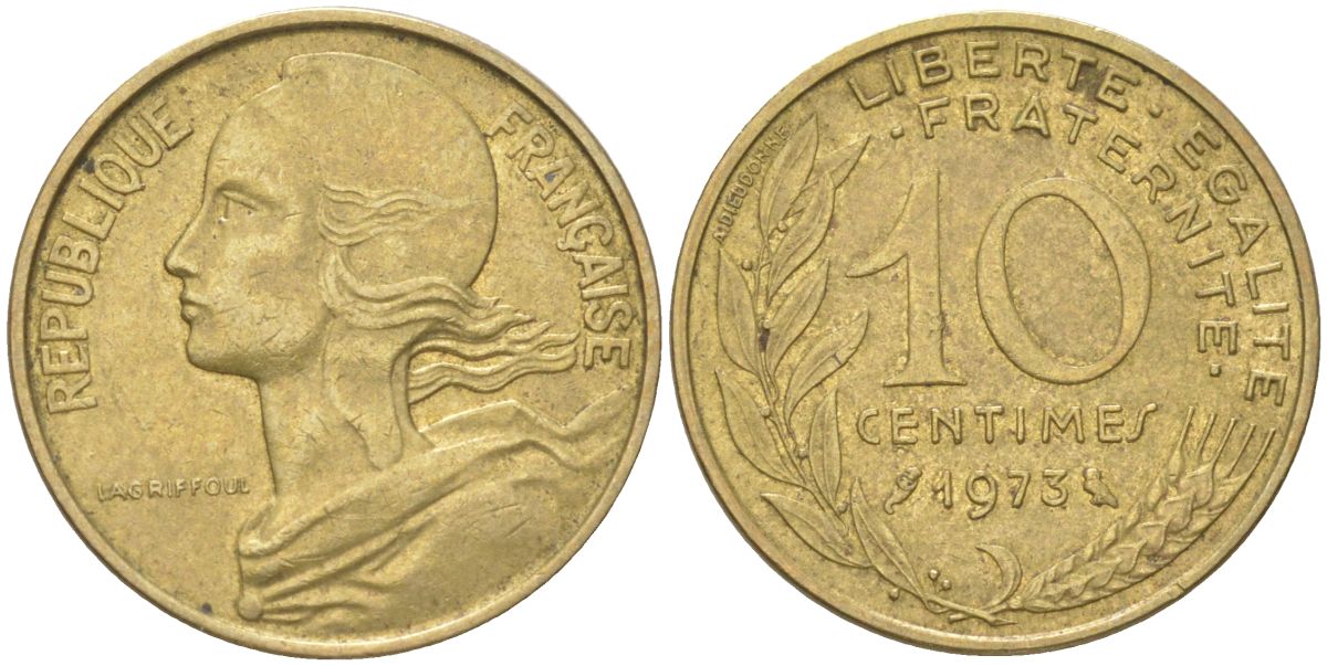 Франция 10 сантимов 1975 KM 929 алюминиевая бронза 4613-859