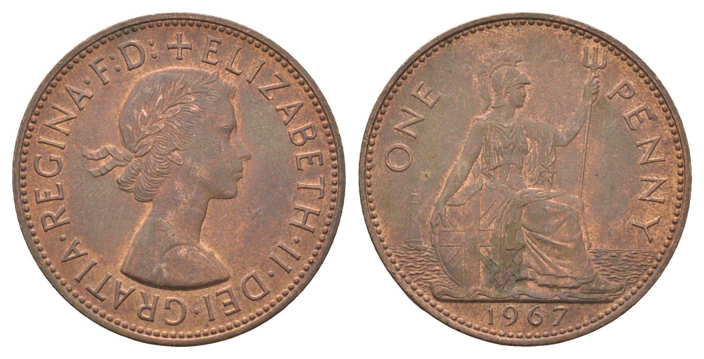 Великобритания 1 пенни 1967 Елизавета II (1952-2022) KM 897, Spink 4157 бронза 4661-1041