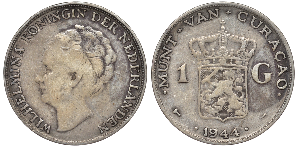 Нидерландское Кюрасао 1 гульден 1944 D, Вильгельмина (1890-1948) KM 45 серебро 36-246