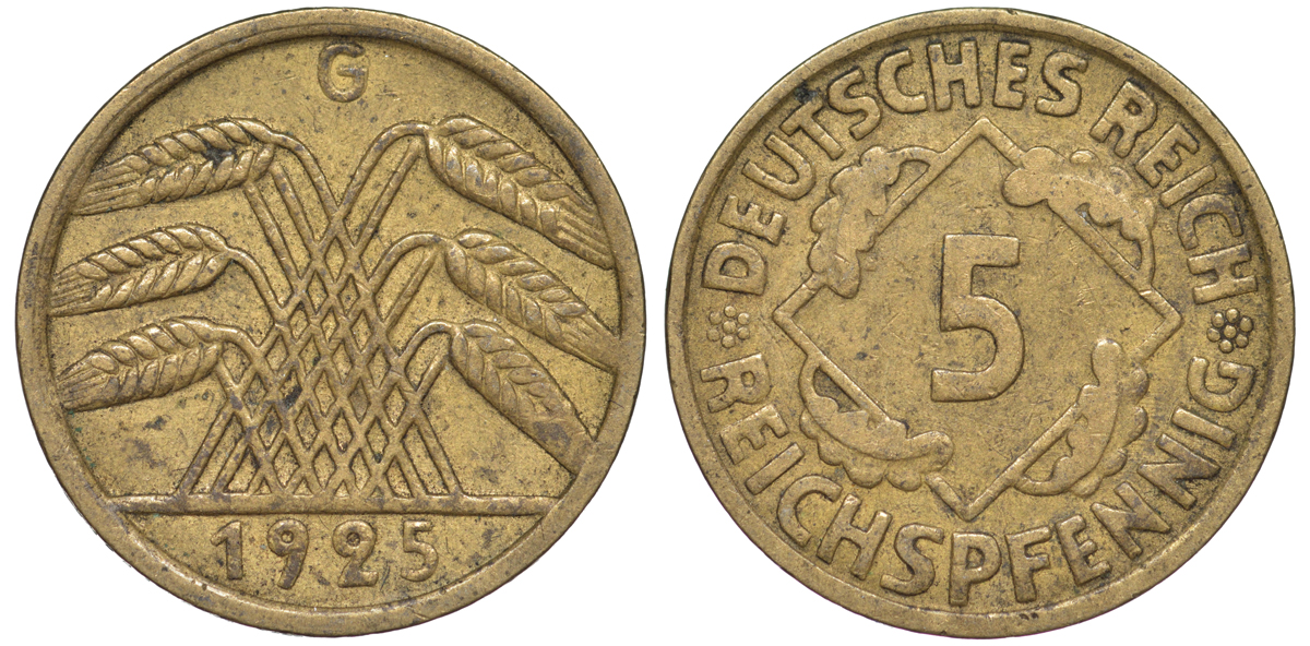 Германия 5 рейхспфеннигов 1925 G KM 39, J. 316 алюминиевая бронза 4602-1241