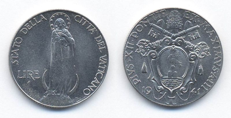 Ватикан 1 лира 1941 Пий XII, Дева Мария KM 26 a сталь UNC 41-415