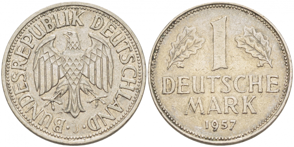 ФРГ 1 МАРКА 1957 J KM 110, J. 385 медно-никель 3718-1111