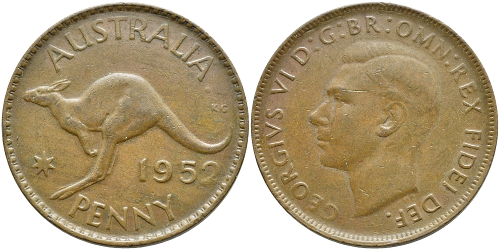 Австралия 1 пенни 1952 m, Георг VI (1937-1952), кенгуру KM 43 бронза 4394-411