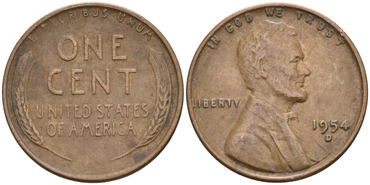 США 1 цент 1954 D, Линкольн KM А132 медь цинк 4115-817