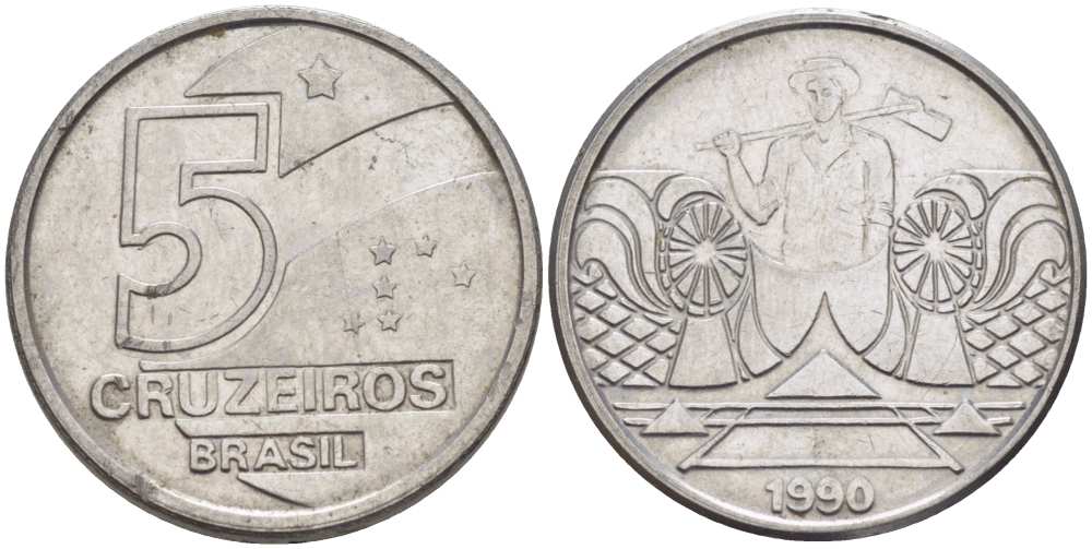 Бразилия 5 крузейро 1990 фермер KM 618.1 нержавеющая сталь 3457-956