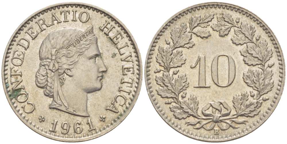 ШВЕЙЦАРИЯ 10 РАППЕНОВ 1961 В KM 27 медно-никель 39-938