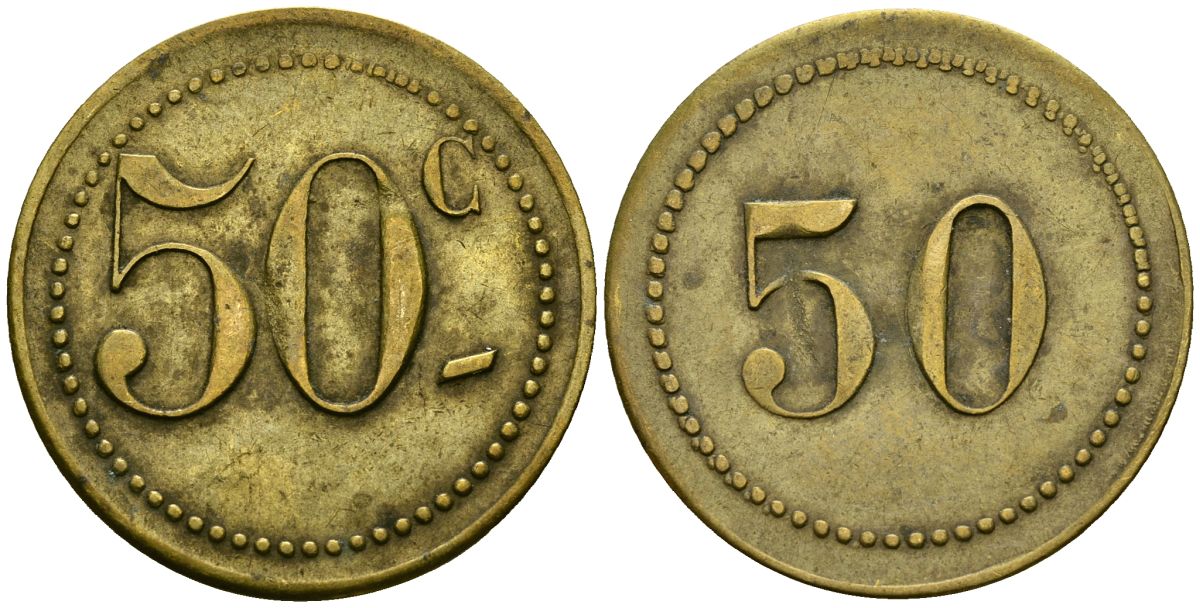 Франция 50 сантимов XIX-XX век ресторанный жетон латунь 4166-1226