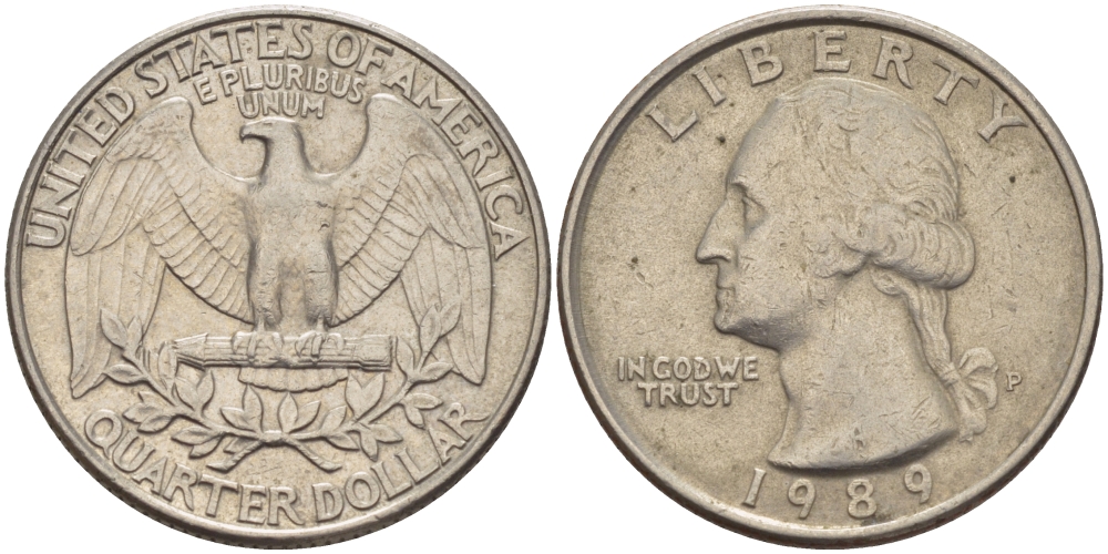 США 25 ЦЕНТОВ = КВОТЕР 1989 Р, ВАШИНГТОН KM А164а медь плакированная медно-никелем 31-753