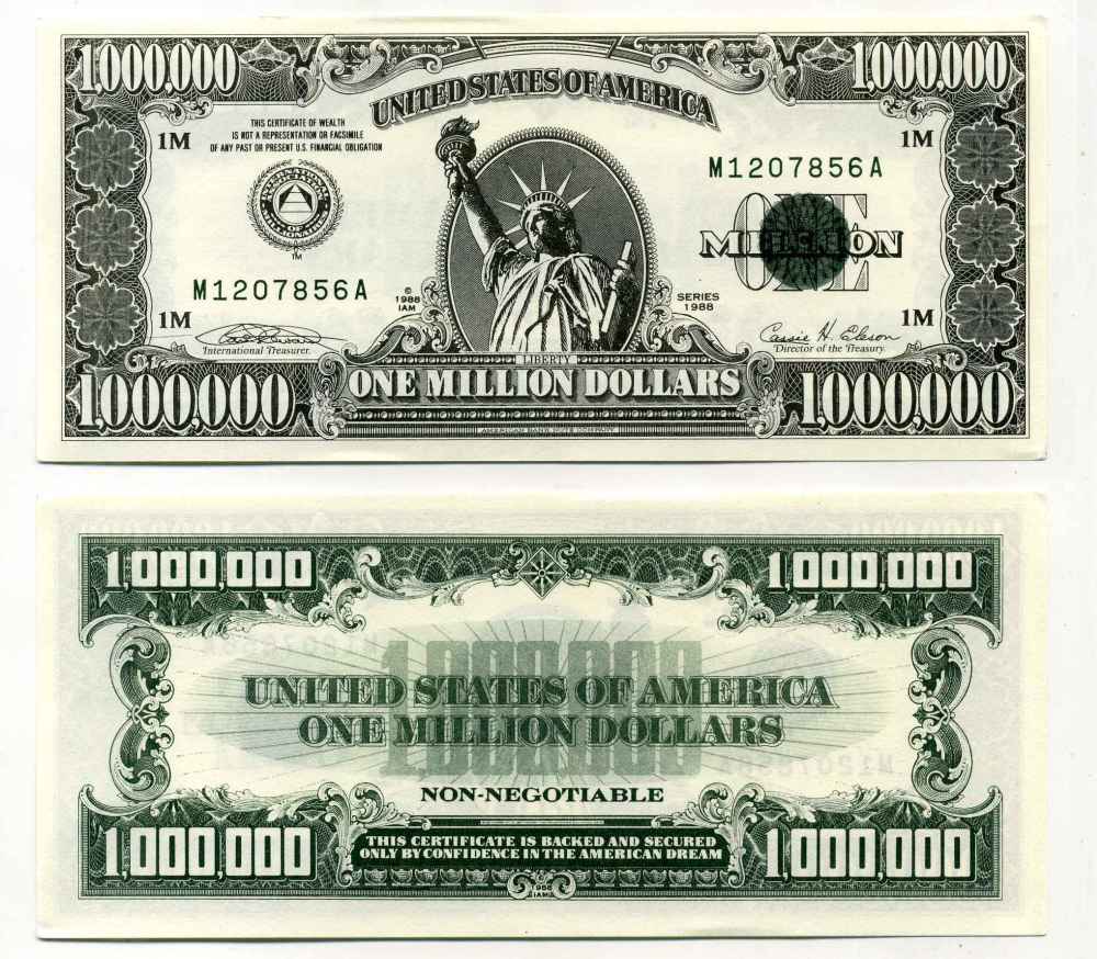 США 1000000 долларов 1988 сувенирная банкнота, статуя свободы бумага UNC (пресс) 8588-23-4-2