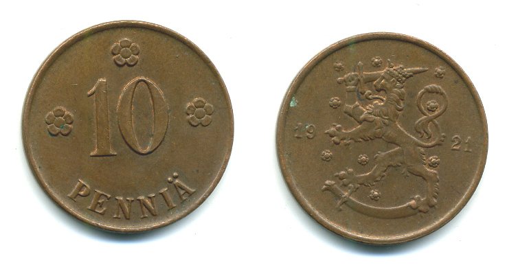 Финляндия 10 пенни 1921 республика (1918-1962) KM 24 медь 29-422