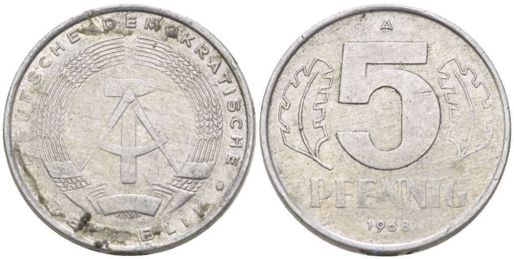 ГДР 5 ПФЕННИГОВ 1968 А KM 9.1 алюминий 179-313