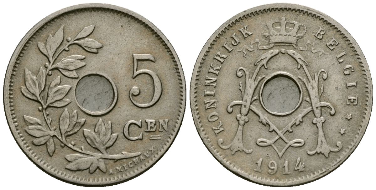 Бельгия 5 сантимов 1914 Belgie KM 67 медно-никель 4173-214