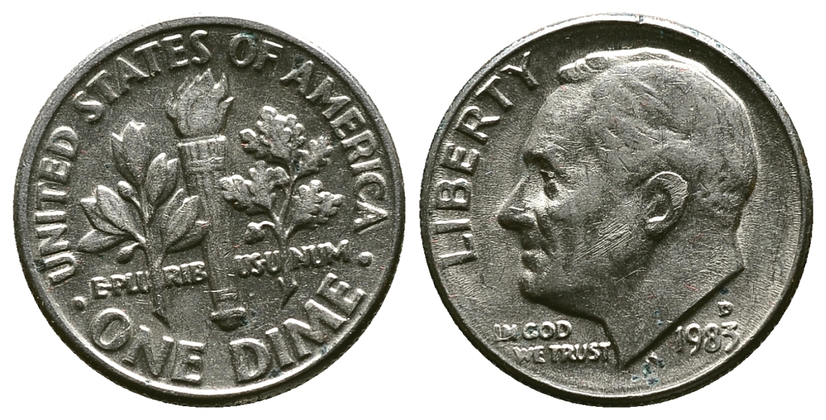 США 10 ЦЕНТОВ = 1 ДАЙМ 1983 D, РУЗВЕЛЬТ KM 195a медь плакированная медно-никелем 4383-1112