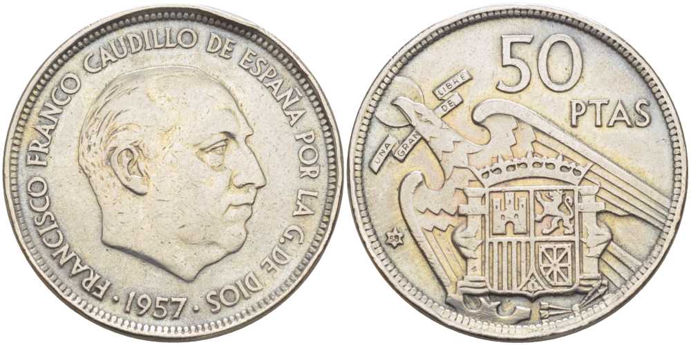 ИСПАНИЯ 50 ПЕСЕТ 1957 (58) ФРАНСИСКО ФРАНКО ДИКТАТОР ИСПАНИИ (1939-1975) KM 788 медно-никель 38-211