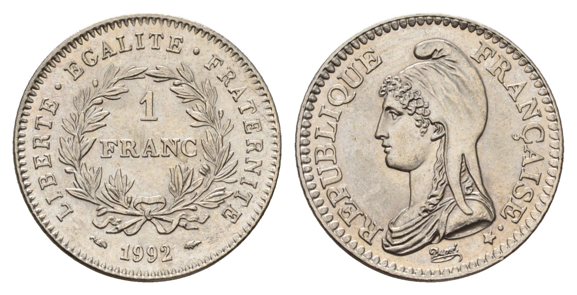 Франция 1 франк 1992 200 лет Французской республике KM 1004.1, Le Franc 229.2 никель UNC 4118-355