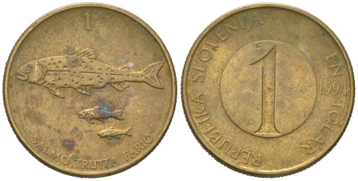Словения 1 толар 1994 рыбы KM 4 никель латунь 4618-447