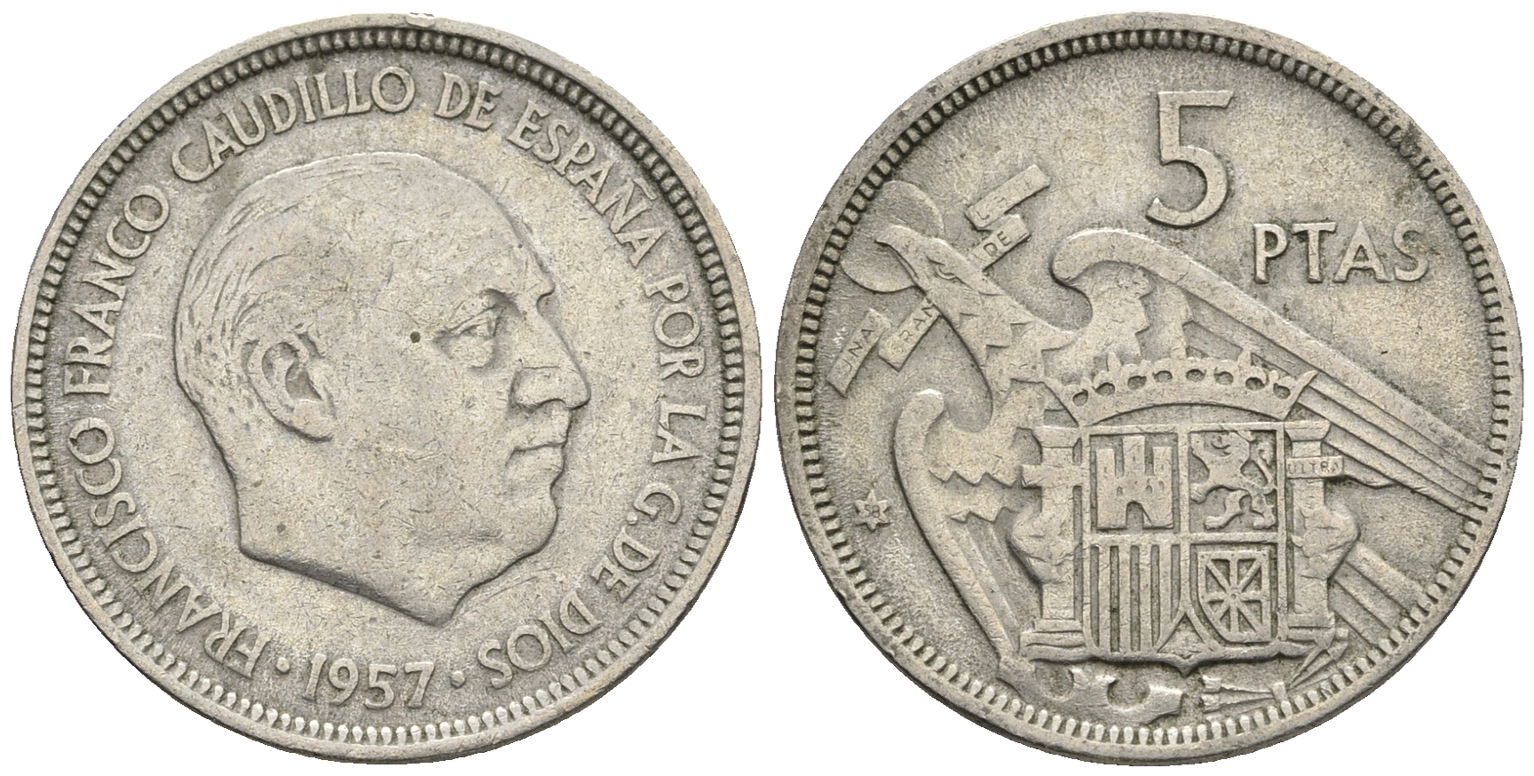 Испания 5 песет 1957 (58) Франсиско Франко (1939-1975) KM 786 медно-никель 85-724